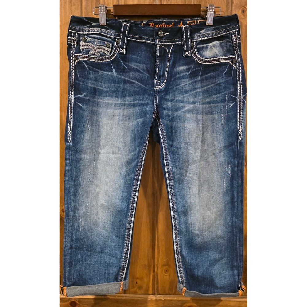 Rock Revival Linne Capri Jeans Womens 26 Blue Excellent Thick Stitch Embroidered